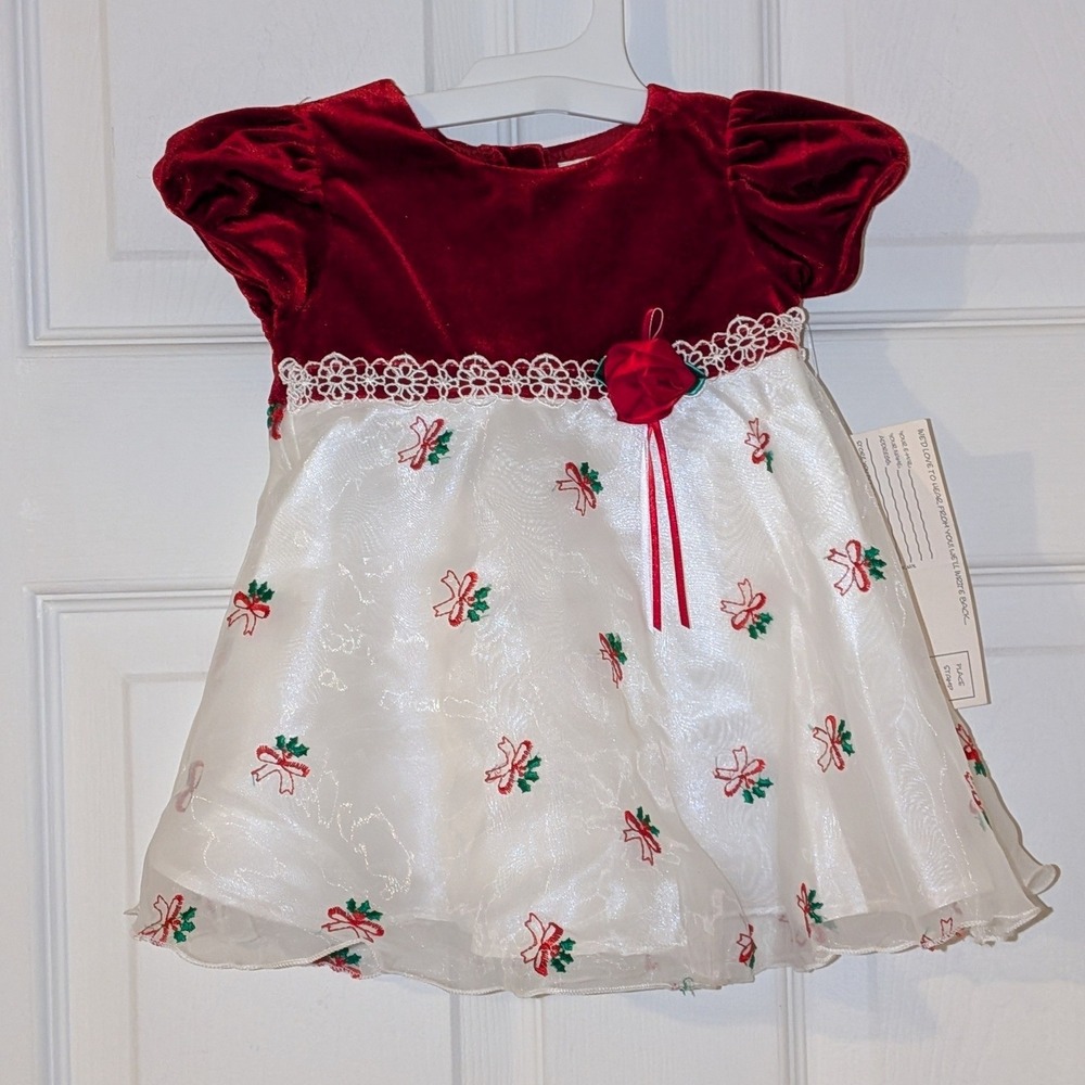 Youngland Baby Girl Red Velvet White Organza Christmas Dress Set 6-9 Months NEW